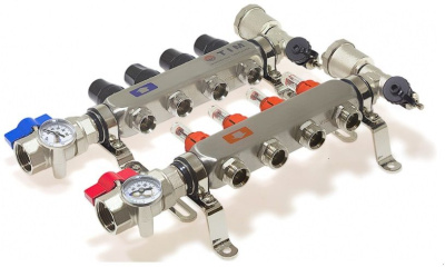 Коллекторная группа Tim (KAS5005) 1" ВР-ВР, 5 отводов 3/4", нержавеющая сталь, расходомер, воздухоотводчик, сливной кран, торцевой кран, термометр